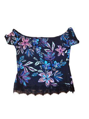 Guess Off-Shoulder Floral Print Top With Lace Trim Womens Size M